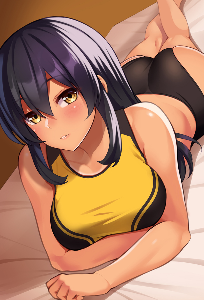 1girl ass bangs bare_arms bare_shoulders bed_sheet black_buruma blush breasts buruma collarbone eyebrows_visible_through_hair feet_out_of_frame hair_between_eyes huyumitsu large_breasts long_hair looking_at_viewer lying on_bed on_stomach original parted_lips purple_hair sidelocks smile solo sports_bra yellow_eyes