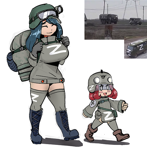 0_0 2girls artist_request backpack bag blue_footwear blue_hair blush blush_stickers boots breasts brown_footwear closed_eyes closed_mouth eyebrows_visible_through_hair gloves green_headwear grey_gloves grey_headwear headlight helmet large_breasts logo looking_away military military_uniform multiple_girls open_mouth personification real_life redhead simple_background small_breasts smile source_request thigh-highs tire uaz_452 uniform ural_4320 visor walking white_background zettai_ryouiki