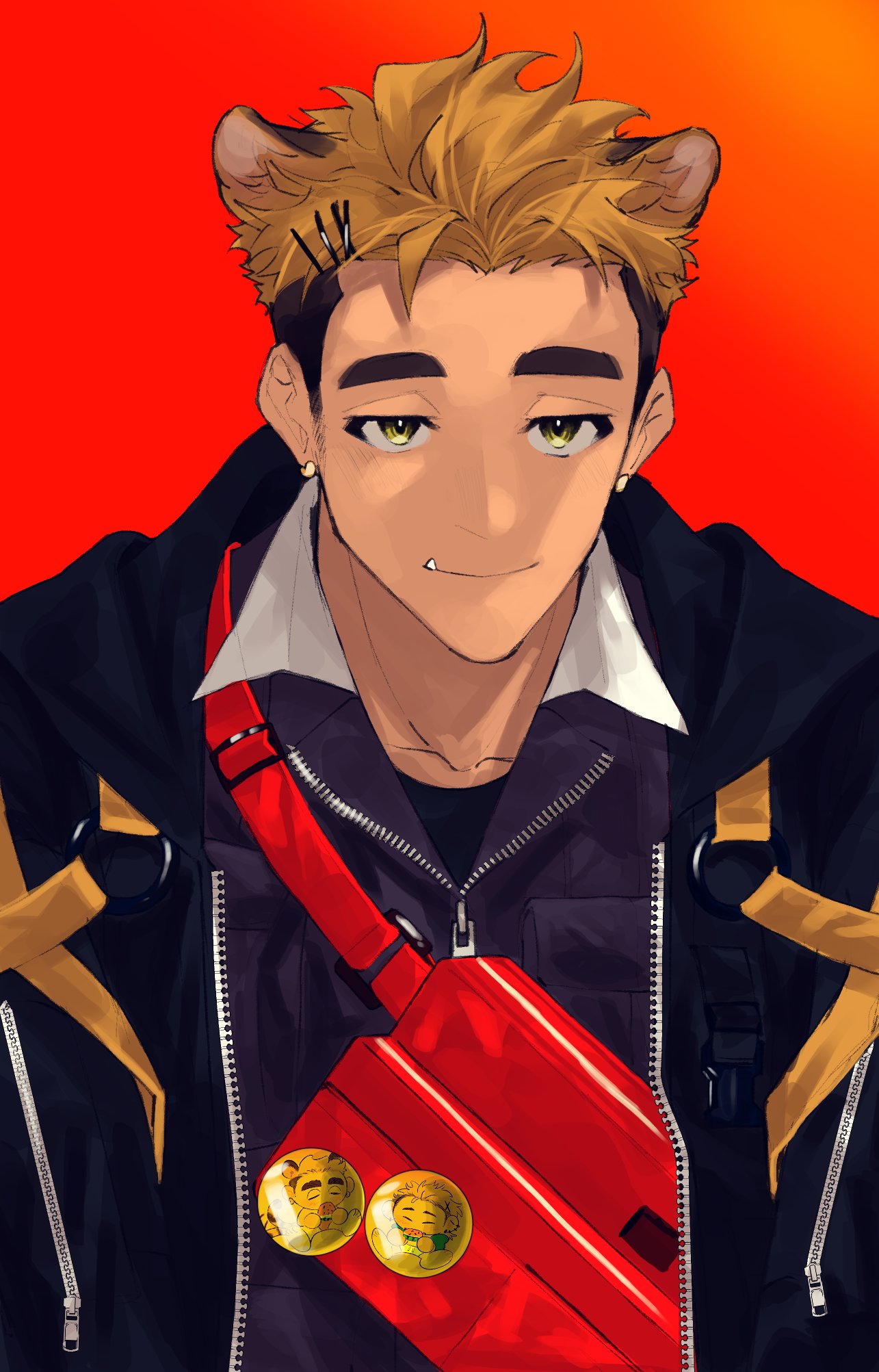 1boy animal_ears blonde_hair earrings hair_ornament hairclip highres jacket jewelry looking_at_viewer male_focus original pin red_background red_bag sideburns smile thick_eyebrows tiger_boy tiger_ears tusks yellow_eyes