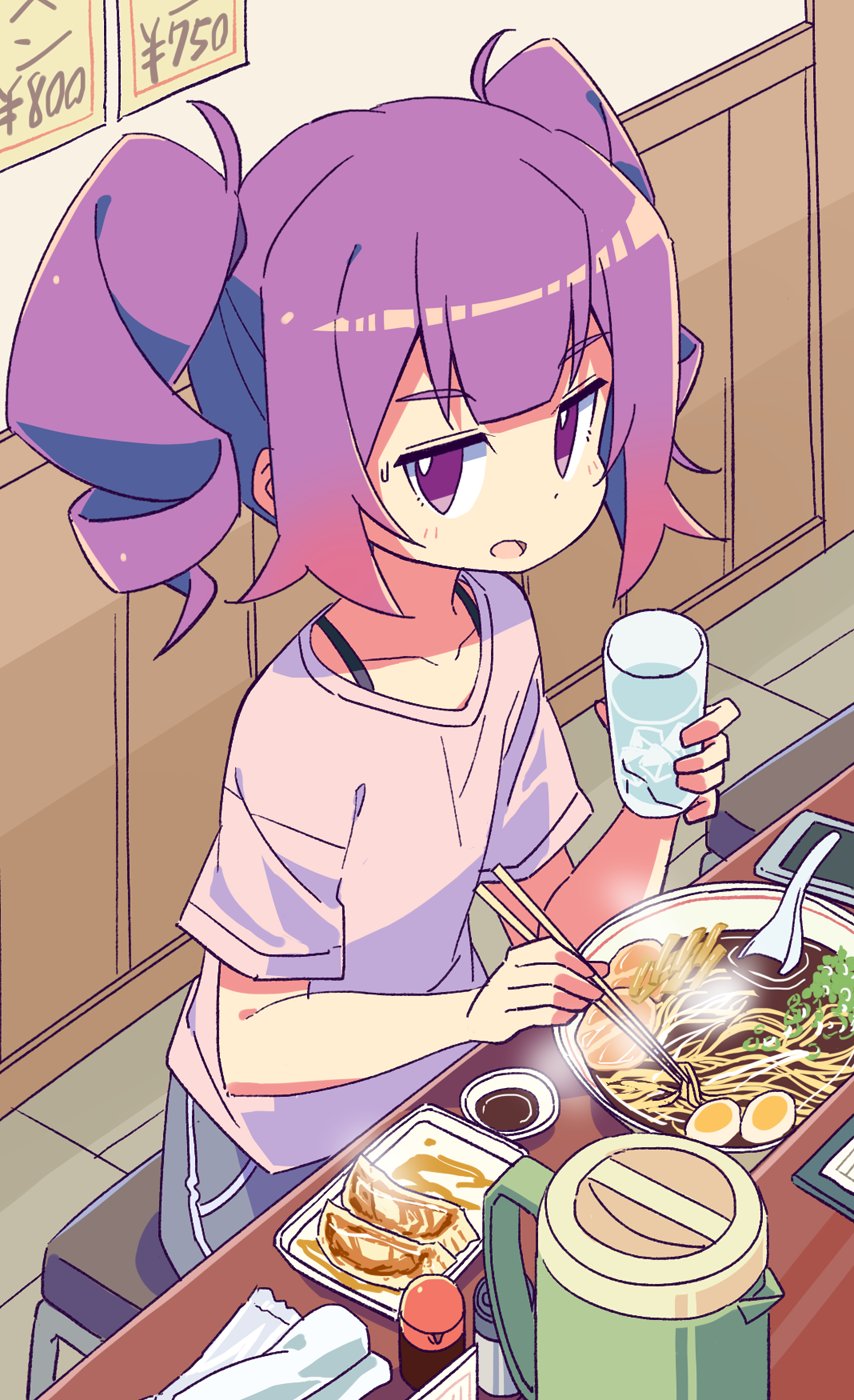 1girl chopsticks cup drill_hair dumpling egg food grey_shorts ham highres holding holding_chopsticks ice ice_cube izakaya jiaozi long_hair looking_at_viewer noodles otachan plate price_list purple_hair purple_shirt ramen roku_no_hito shirt short_sleeves shorts sitting solo soy_sauce spoon t-shirt table the_otachan_show thermos twin_drills twintails violet_eyes water