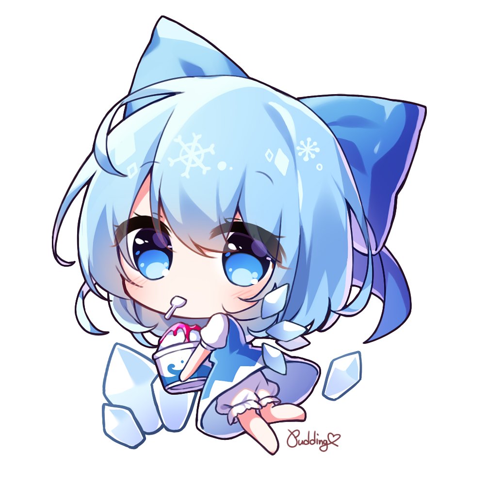 1girl artist_name back bangs barefoot bloomers blue_bow blue_dress blue_eyes blue_hair blush bow bucket chibi cirno commentary_request crystal dress eyebrows_visible_through_hair eyes_visible_through_hair flying food from_behind hair_between_eyes ice ice_cream ice_wings jewelry leg_up looking_to_the_side pudding_(skymint_028) puffy_short_sleeves puffy_sleeves shirt short_hair short_sleeves simple_background snowflakes solo spoon touhou underwear white_background white_shirt wings