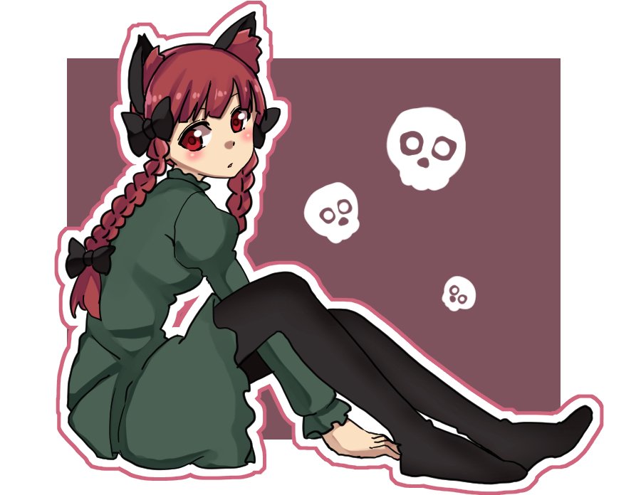 1girl animal_ear_fluff animal_ears bangs between_legs black_bow black_legwear blunt_bangs blush border bow braid breasts cat_ears dress extra_ears eyebrows_behind_hair from_side full_body green_dress hair_bow hair_ribbon hand_between_legs juliet_sleeves kaenbyou_rin knees_up long_hair long_sleeves no_tail outline outside_border pantyhose parted_lips puffy_sleeves purple_background red_eyes redhead renshirenji ribbon sitting skull small_breasts solo touhou tress_ribbon twin_braids twintails white_border white_outline