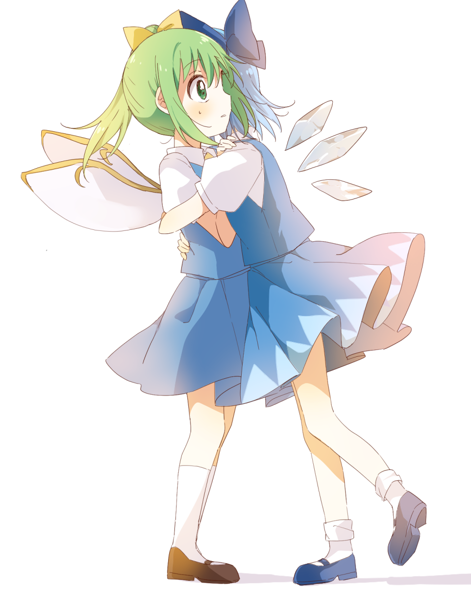 2girls ankle_socks backlighting bangs blue_bow blue_footwear blue_hair blue_skirt blue_vest bow brown_footwear calf_socks cirno collared_shirt d: daiyousei detached_wings eyebrows_visible_through_hair fairy fairy_wings floating_hair from_side full_body green_eyes green_hair hair_bow hand_on_another's_back hand_on_another's_shoulder hand_up highres hug ice ice_wings leg_up long_hair looking_away mary_janes medium_skirt multiple_girls namori_(style) parted_lips pleated_skirt ponytail profile puffy_short_sleeves puffy_sleeves sasaki_sakiko shadow shirt shoe_soles shoes short_hair short_sleeves sideways_mouth skirt skirt_set socks standing surprised sweat tareme touhou vest white_background white_legwear white_shirt wing_collar wings yellow_bow