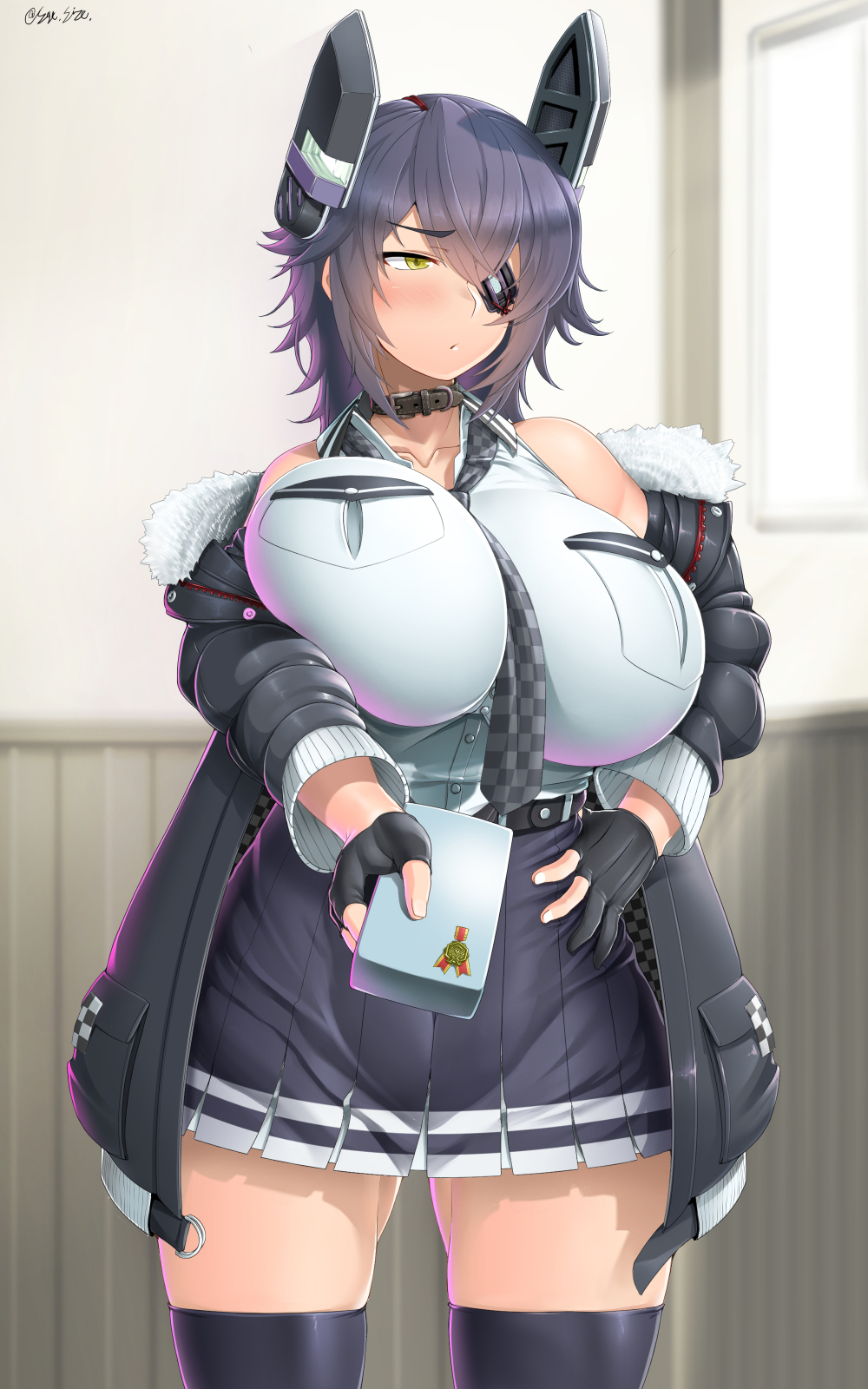 1girl black_gloves black_jacket blush breast_pocket breasts checkered_necktie closed_mouth collar collarbone eyepatch fur_trim gloves headgear highres huge_breasts indoors jacket kantai_collection looking_at_viewer medium_hair necktie open_clothes open_jacket partially_fingerless_gloves pleated_skirt pocket purple_hair saizu_nitou_gunsou skirt solo striped striped_skirt tenryuu_(kancolle) tenryuu_kai_ni_(kancolle) thigh-highs valentine vest white_vest yellow_eyes