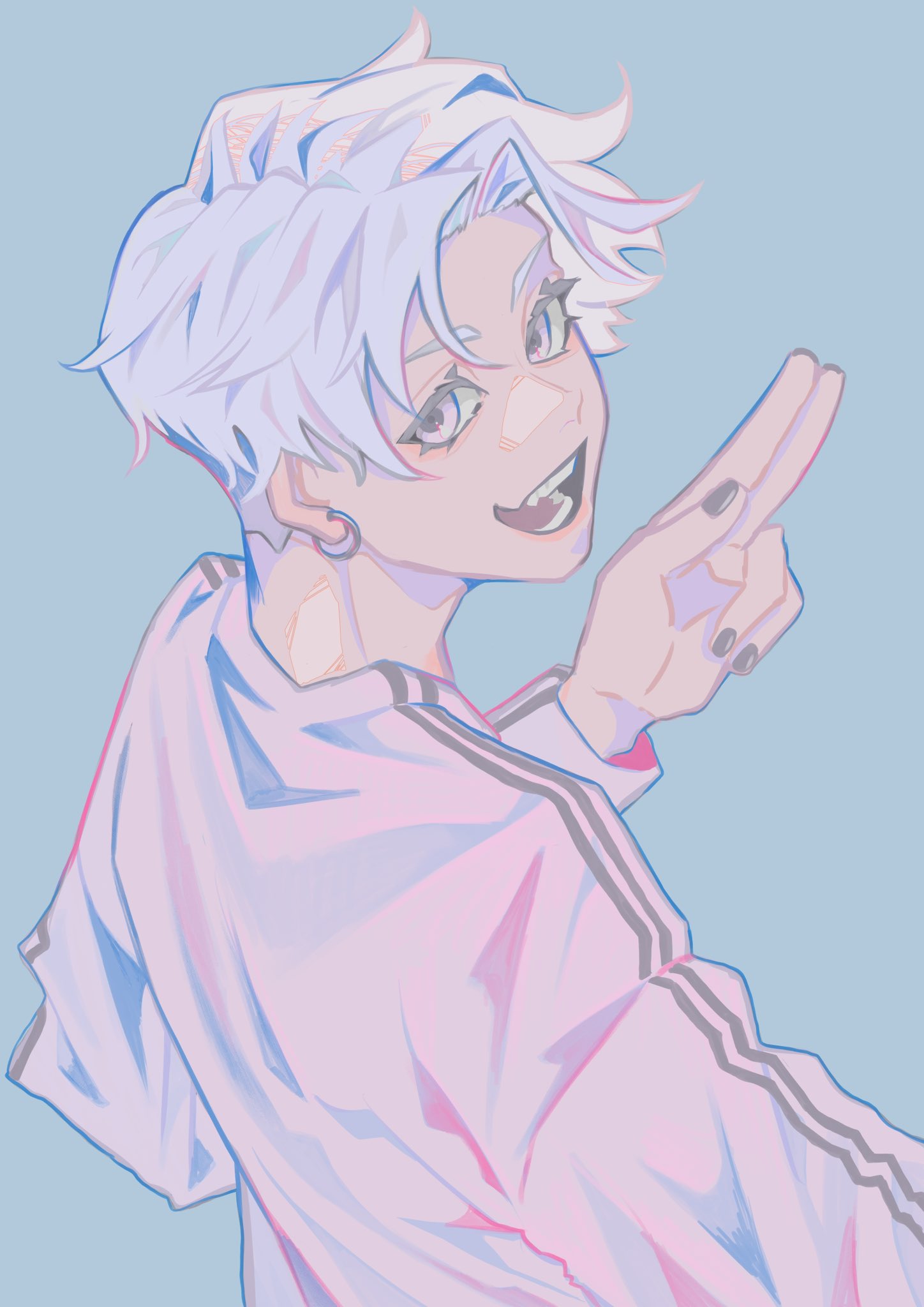1boy :d black_nails blue_background earrings eyelashes fingernails from_behind grey_eyes grey_hair highres jewelry looking_at_viewer looking_back male_focus open_mouth short_hair simple_background smile solo striped sweatshirt upper_body v-shaped_eyebrows yottasun