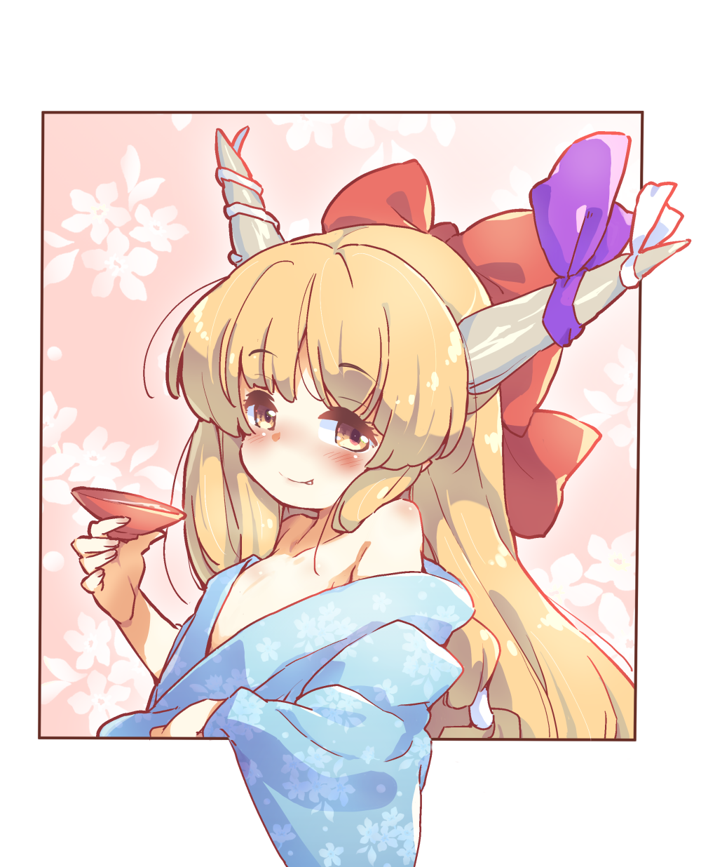1girl alcohol alternate_costume bangs blue_kimono blush border bow closed_mouth commentary_request cup eyebrows_visible_through_hair fang fang_out flat_chest floral_print hair_bow highres holding holding_cup horn_bow horn_ornament horns ibuki_suika japanese_clothes kimono long_hair looking_at_viewer off_shoulder orange_hair outside_border print_kimono purple_bow red_bow sakazuki sake smile solo tanasuke touhou upper_body white_border