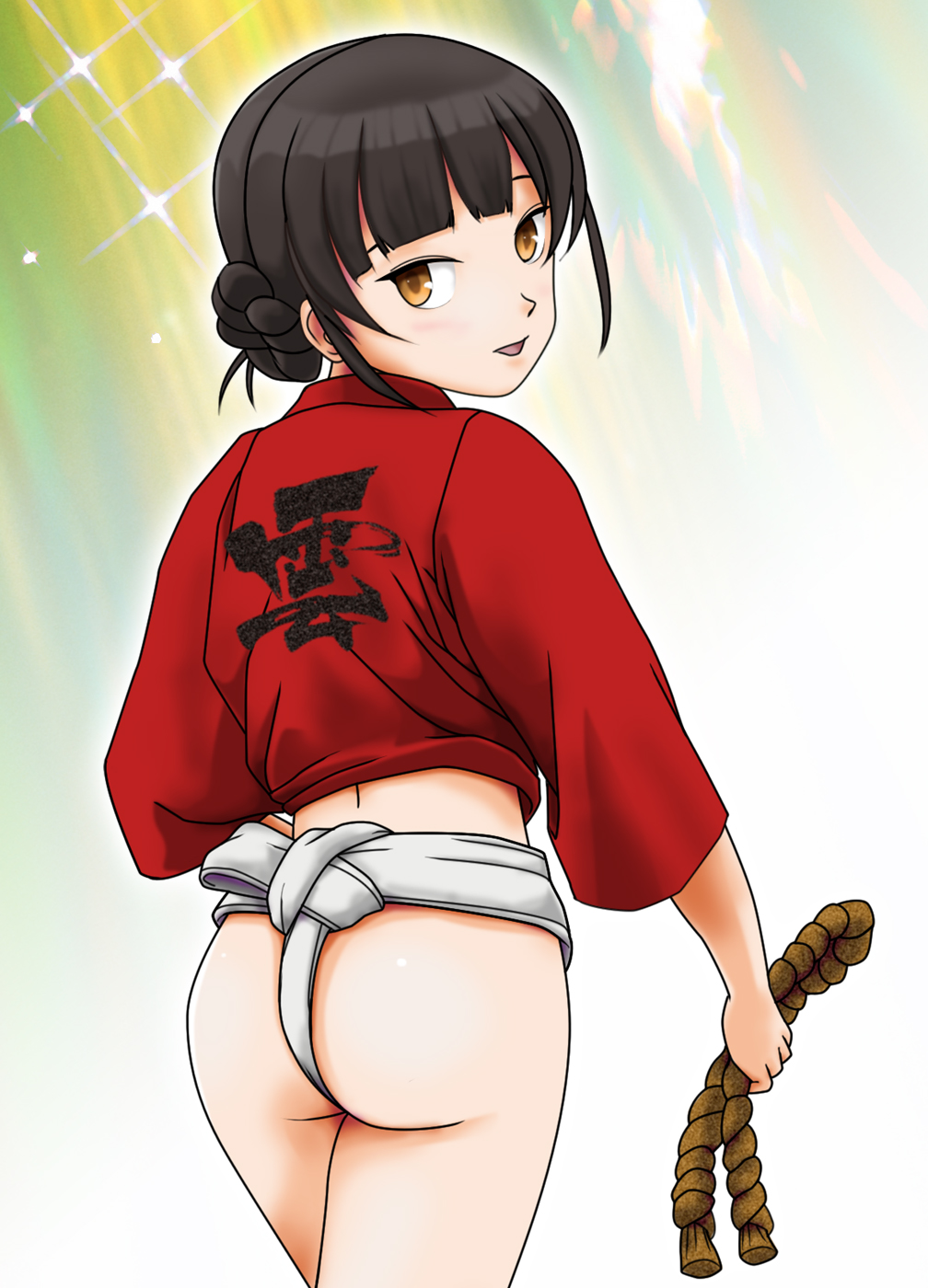 1girl ass bangs black_hair blunt_bangs braid brown_eyes commentary_request cowboy_shot double_bun fundoshi fundoshi_day hachimaki headband highres japanese_clothes kantai_collection long_hair looking_at_viewer looking_back rope solo standing totome twin_braids un'you_(kancolle) yawata_maru_(kancolle)