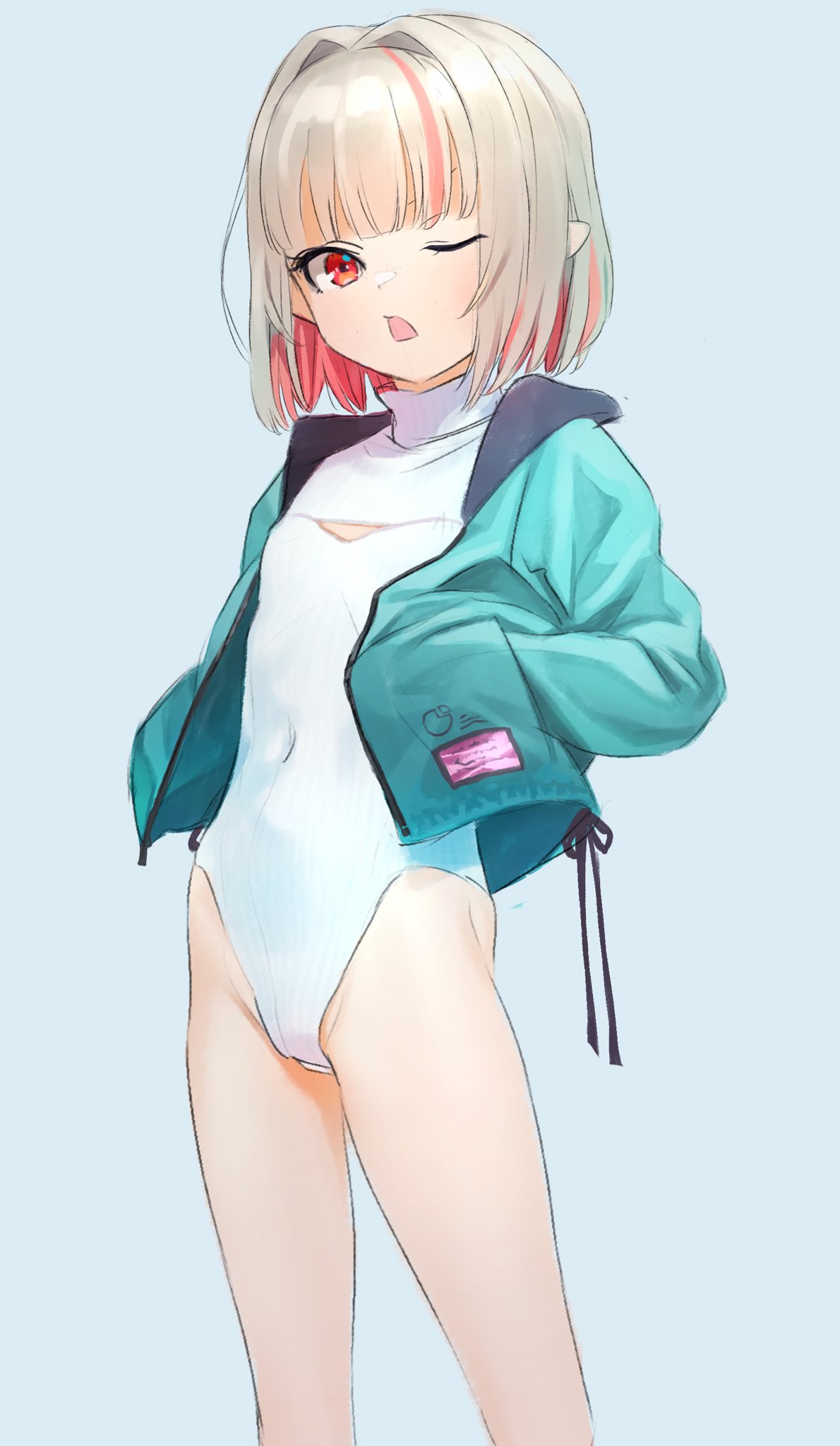 1girl ;o bare_legs bob_cut dyed_ahoge flat_chest grey_hair hands_in_pockets highres jacket leotard letterman_jacket long_sleeves looking_at_viewer makaino_ririmu multicolored_hair navel nijisanji no_pants one_eye_closed open_clothes open_jacket pointy_ears red_eyes ribbon sabamen solo standing streaked_hair turtleneck two-tone_hair virtual_youtuber