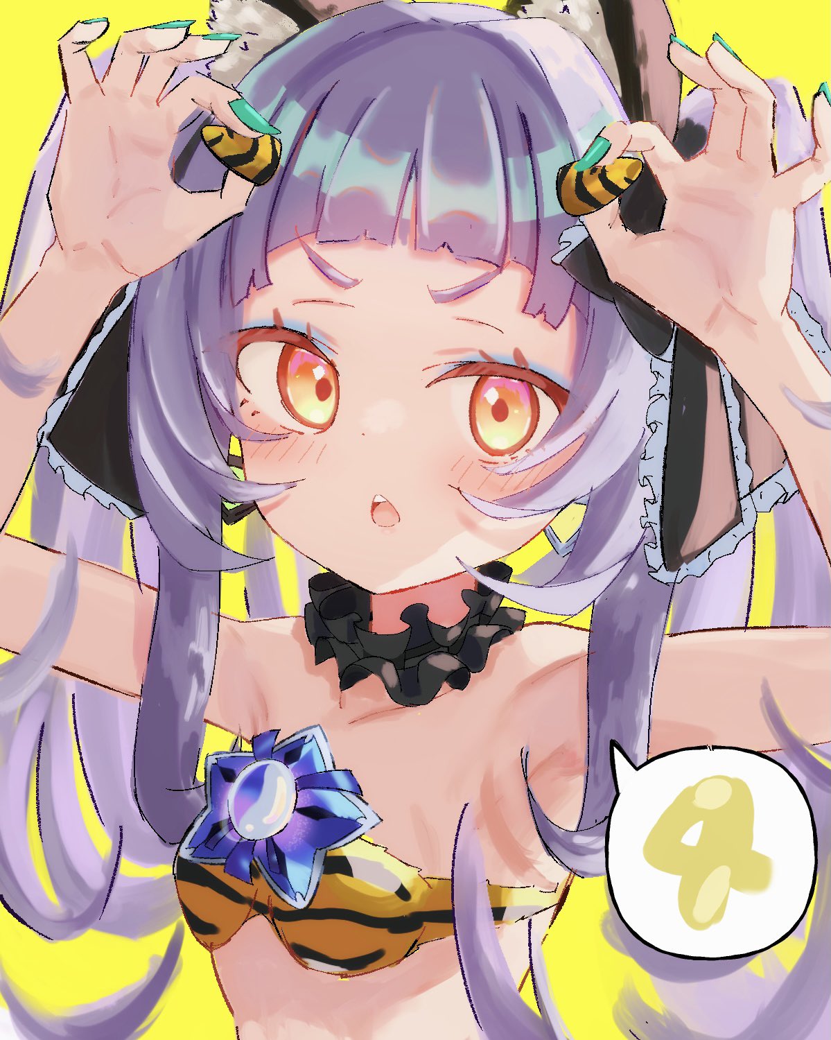 1girl alternate_costume animal_ear_fluff animal_ears animal_print aqua_nails armpits bangs blue_eyeshadow blunt_bangs blush breasts choker collarbone commentary_request eyeshadow fingernails fingers frilled_choker frills hands highres hololive jewelry long_hair looking_at_viewer makeup murasaki_shion nail_polish nosu_(pewk_x4b) oekaki open_hand open_mouth outstretched_hand palms purple_hair reaching sidelocks simple_background solo speech_bubble spoken_number twintails upper_body virtual_youtuber yellow_background