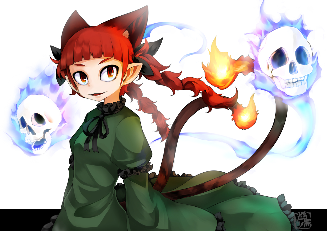 1girl :3 animal_ear_fluff animal_ears bangs black_border black_ribbon blue_fire blunt_bangs border braid breasts cat_ears cat_tail cowboy_shot dress extra_ears fangs fire flame-tipped_tail flaming_skull floating_hair floating_skull frills green_dress hair_ribbon hitodama juliet_sleeves kaenbyou_rin long_sleeves looking_at_viewer multiple_tails nekomata outside_border parted_lips pointy_ears puffy_sleeves red_eyes redhead ribbon simple_background small_breasts smile solo tail touhou twin_braids twintails two_tails v-shaped_eyebrows white_background wide_sleeves yutori_(inu-hito)