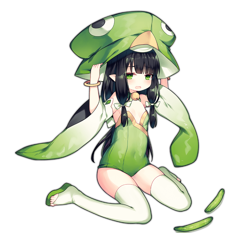 1girl ao_jun ark_order bangs bell black_hair bow bridal_legwear cucumber flat_chest full_body green_eyes green_footwear green_headwear green_leotard hands_on_headwear hat hat_bell jingle_bell kappa_(ark_order) leotard long_hair looking_at_viewer neck_bell official_art open_mouth pointy_ears sandals sidelocks sitting solo tachi-e toeless_footwear transparent_background wariza wavy_mouth white_legwear wide_sleeves