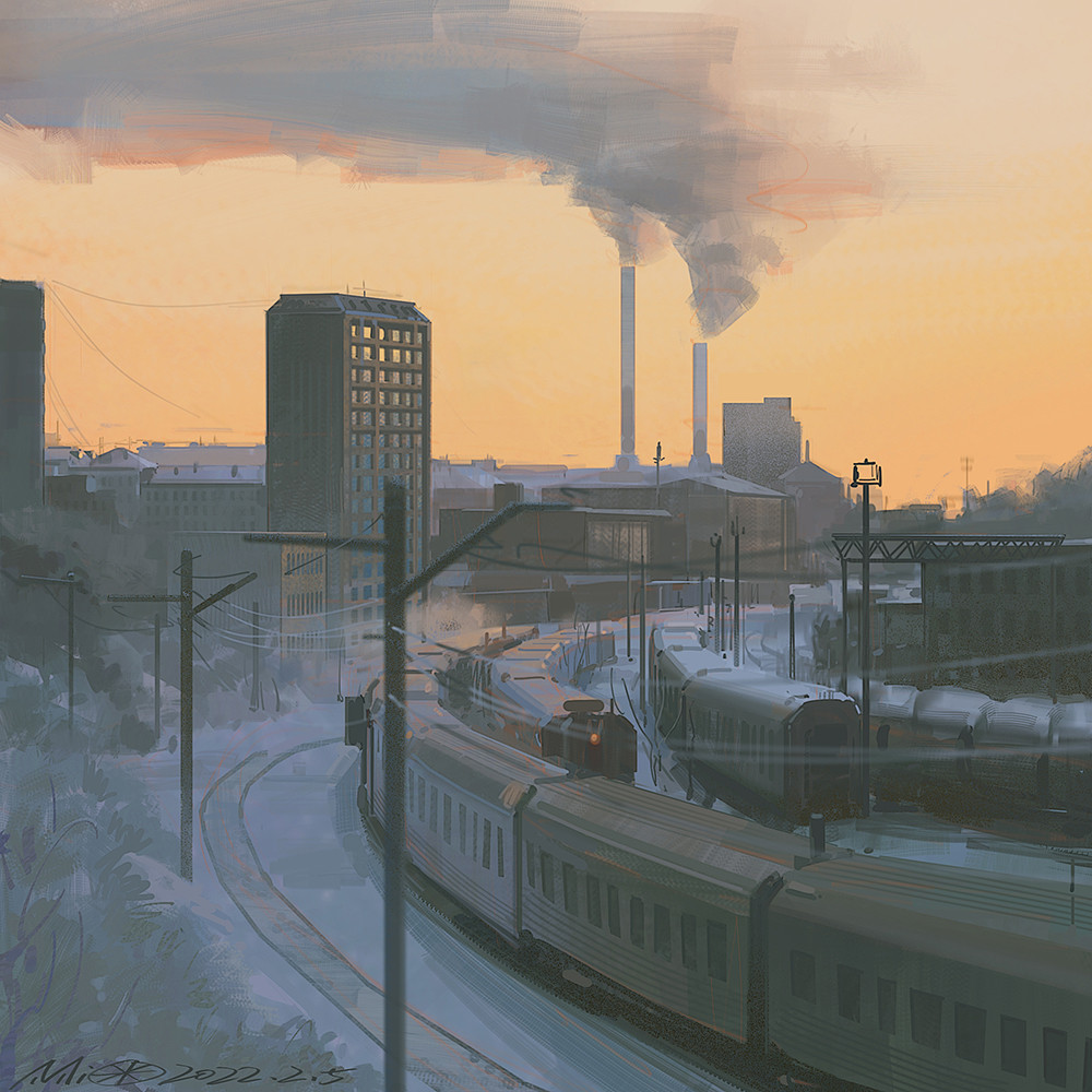 alzi_xiaomi building city commentary dated day english_commentary grass ground_vehicle industrial original outdoors power_lines railroad_tracks signature smoke snow sunset train