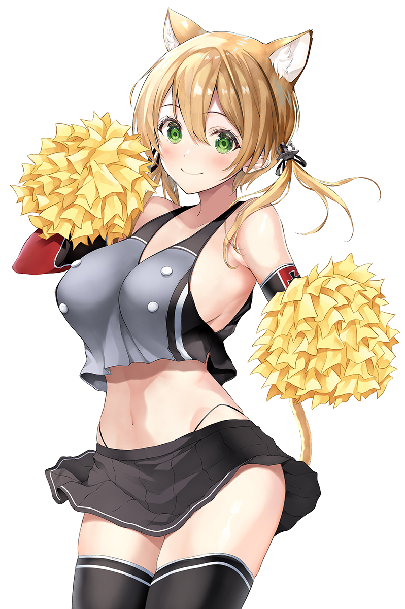 1girl adapted_costume animal_ears black_legwear black_skirt blonde_hair blush breasts cat_ears cat_tail cheering cheerleader closed_mouth collarbone cowboy_shot green_eyes hair_between_eyes highres holding holding_pom_poms inuzumi_masaki kantai_collection large_breasts long_hair low_twintails miniskirt navel pleated_skirt pom_pom_(cheerleading) prinz_eugen_(kancolle) simple_background skirt smile solo tail thigh-highs twintails white_background