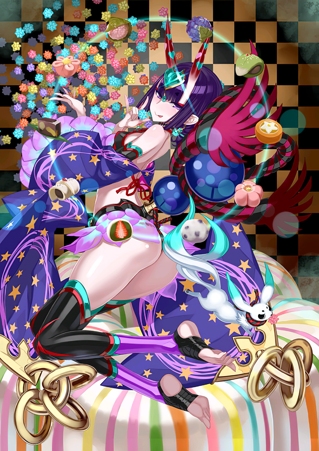 1girl :p animal ass back bangs bare_shoulders black_fundoshi breasts checkered_background chinese_clothes choker detached_sleeves dudou earrings eyebrows_visible_through_hair eyeliner fate/grand_order fate_(series) feet flower food forehead_jewel fundoshi gourd haku_(fate) headpiece highres honjou_raita horns japanese_clothes jewelry looking_at_viewer looking_back low_twintails makeup non-web_source official_art oni oni_horns purple_hair resized rope shiny shiny_skin short_eyebrows shuten_douji_(fate) shuten_douji_(halloween_caster)_(fate) skin-covered_horns skindentation small_breasts smile star_(symbol) star_print thighs toeless_legwear tongue tongue_out twintails upscaled violet_eyes wide_hips wide_sleeves