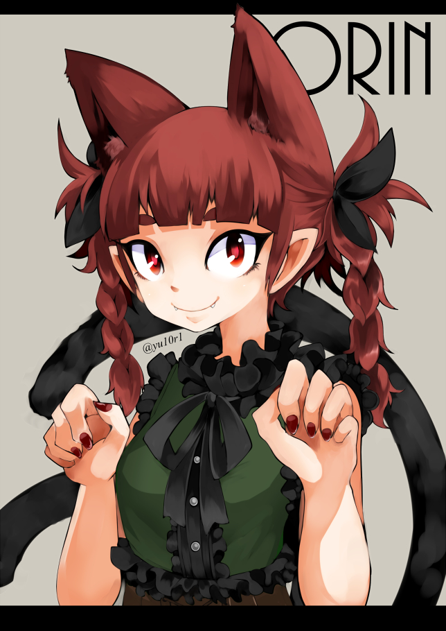 1girl adapted_costume animal_ear_fluff animal_ears artist_name bangs bare_shoulders black_ribbon blunt_bangs braid breasts bright_pupils cat_ears cat_tail character_name claw_pose closed_mouth dress extra_ears eyebrows_behind_hair fangs fangs_out frills green_dress grey_background hands_up kaenbyou_rin letterboxed looking_at_viewer medium_breasts multiple_tails nail_polish neck_ribbon nekomata pointy_ears red_eyes red_nails redhead ribbon simple_background sleeveless sleeveless_dress smile solo tail touhou twin_braids twintails two_tails upper_body yutori_(inu-hito)