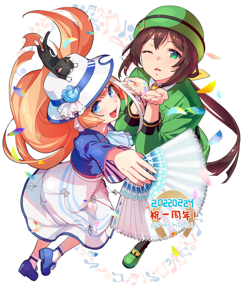 2girls akikawa_yayoi_(umamusume) animal_on_head anniversary bangs banned_artist bass_clef beamed_eighth_notes blowing_kiss blue_eyes blue_flower blue_footwear blue_jacket blue_rose bowler_hat brown_hair cat cat_on_head coat confetti cropped_jacket dress eighth_note fang floating_hair flower folding_fan full_body green_coat green_eyes green_footwear green_headwear hand_fan hat hayakawa_tazuna holding holding_fan jacket kittysuit loafers long_hair looking_at_viewer multiple_girls musical_note nacht nontraditional_playboy_bunny on_head one_eye_closed open_mouth orange_hair rose shoes skin_fang strappy_heels umamusume white_dress