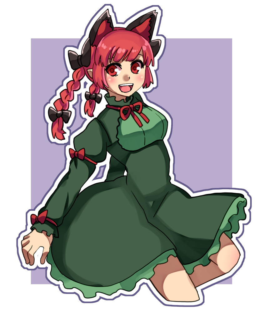 1girl :d animal_ears bangs black_bow blunt_bangs border bow braid cat_ears cropped_legs dress extra_ears eyebrows_behind_hair green_dress hair_bow hair_ribbon juliet_sleeves kaenbyou_rin long_sleeves looking_at_viewer no_tail open_mouth outline outside_border pointy_ears puffy_sleeves purple_background red_eyes redhead renshirenji ribbon simple_background smile solo teeth tongue touhou tress_ribbon twin_braids twintails upper_teeth white_border white_outline