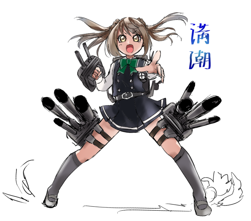 1girl adapted_turret black_dress bow bowtie cannon character_name commentary_request double_bun dress foreshortening full_body green_bow green_bowtie grey_legwear kantai_collection kneehighs light_brown_hair long_sleeves looking_at_viewer machinery michishio_(kancolle) michishio_kai_ni_(kancolle) pinafore_dress shirt short_twintails simple_background solo standing torpedo torpedo_launcher turret twintails udukikosuke white_background white_shirt