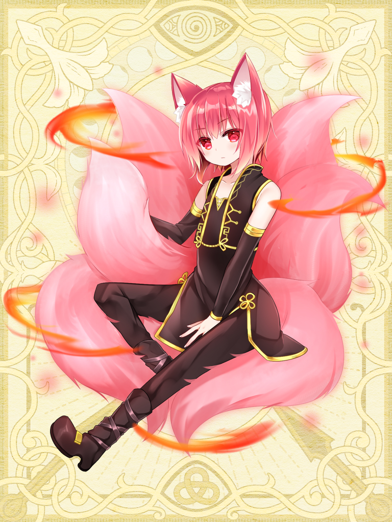 1girl animal_ear_fluff animal_ears bangs bare_shoulders between_legs black_dress black_footwear black_pants black_sleeves boots closed_mouth copyright_request detached_sleeves dress eyebrows_visible_through_hair fire fox_ears fox_girl fox_tail full_body hand_between_legs high_heel_boots high_heels kitsune long_sleeves pants red_eyes redhead shikito sleeveless sleeveless_dress solo standing tail