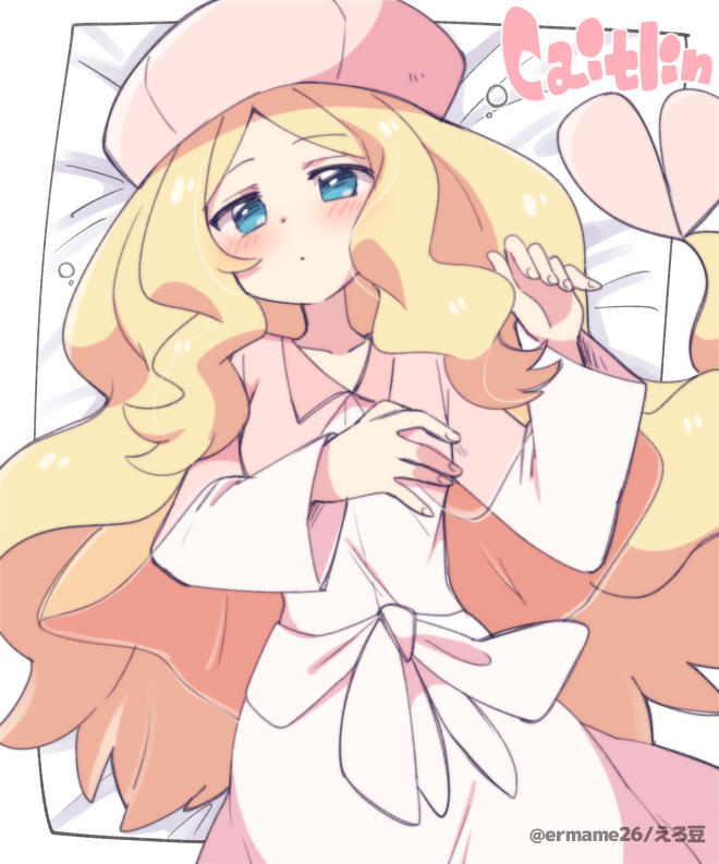 1girl bangs blonde_hair blue_eyes blush caitlin_(pokemon) character_name collared_dress dress eromame eyebrows_visible_through_hair hat long_hair long_sleeves looking_at_viewer lying on_back parted_bangs pokemon pokemon_(game) pokemon_bw see-through solo twitter_username very_long_hair white_dress white_headwear wide_sleeves