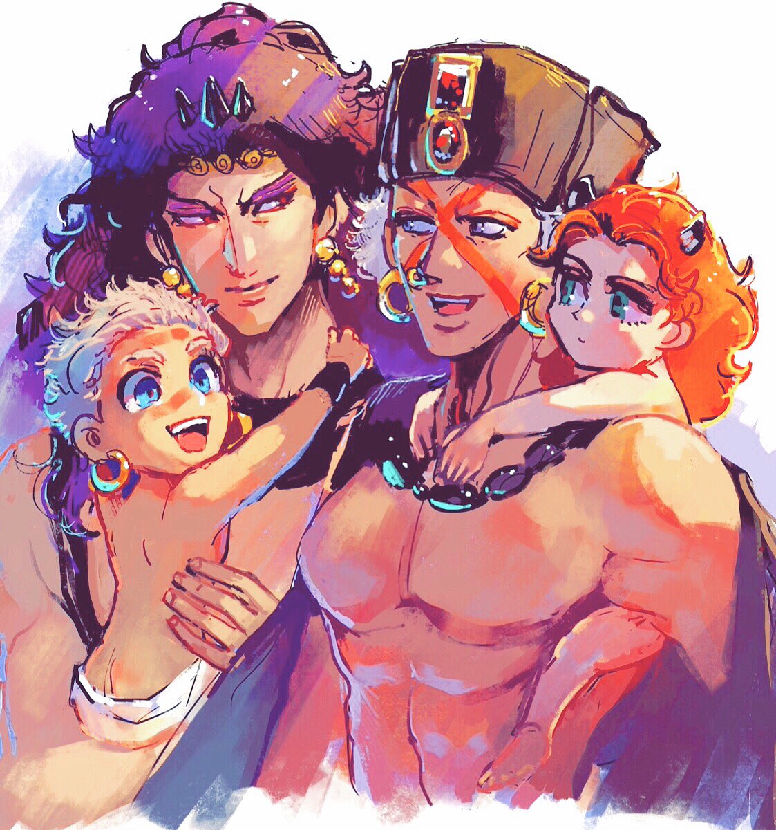 baby battle_tendency child chocoblood diaper earrings esidisi facial_mark family grey_hair hat highres hoop_earrings horns jewelry jojo_no_kimyou_na_bouken kars_(jojo) large_pectorals muscular muscular_male nose_piercing nose_ring pectorals piercing purple_hair redhead santana_(jojo) turban wamuu white_hair younger