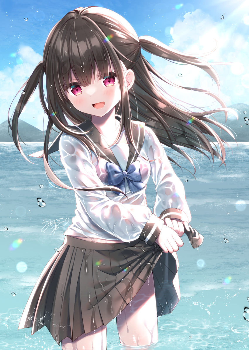 1girl :d black_hair black_sailor_collar black_skirt blue_bow blue_sky bow breasts clouds cloudy_sky commentary_request day long_hair long_sleeves moe2022 mountain original outdoors pleated_skirt puffy_long_sleeves puffy_sleeves sailor_collar school_uniform see-through serafuku shirt skirt sky sleeves_past_wrists small_breasts smile solo standing two_side_up uchuuneko violet_eyes water wet wet_clothes wet_shirt white_shirt wringing_clothes wringing_skirt