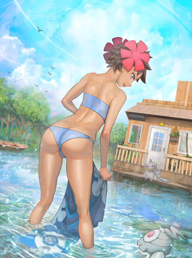 1girl ass banette blue_eyes blue_swimsuit boat brown_hair building clouds dark-skinned_female dark_skin day door dusclops floral_print flower hair_flower hair_ornament holding_sarong looking_down open_mouth outdoors phoebe_(pokemon) pink_flower poke_ball_print pokemon pokemon_(creature) pokemon_(game) pokemon_rse ripples sarong sarong_removed short_hair shoulder_blades sky spiky_hair standing swimsuit teeth tree wading water watercraft yugen99