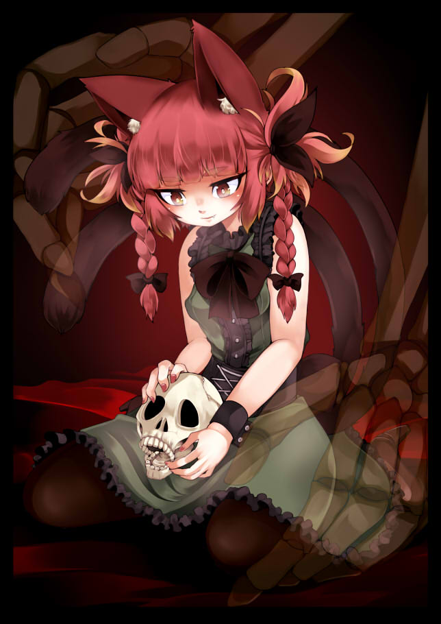 1girl adapted_costume alternate_hairstyle animal_ear_fluff animal_ears bangs bare_shoulders black_border black_bow black_legwear blunt_bangs blush border bow braid breasts bright_pupils buttons cat_ears cat_tail center_frills closed_mouth dress extra_ears eyebrows_visible_through_hair fang fang_out frills full_body giant_skeleton gradient gradient_background green_dress hair_bow hair_ribbon holding holding_skull kaenbyou_rin light_smile long_hair looking_down multiple_tails nail_polish nekomata pantyhose petticoat red_background red_eyes red_nails redhead ribbon simple_background sitting skeleton skull sleeveless sleeveless_dress small_breasts solo tail touhou tress_ribbon twin_braids twintails two_tails wariza wrist_cuffs yutori_(inu-hito)
