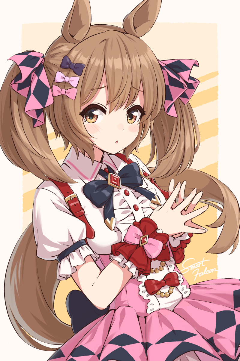 1girl animal_ears bangs black_bow black_bowtie blush_stickers bow bowtie brown_hair center_frills center_opening character_name collared_shirt frills hair_bow highres horse_ears horse_girl horse_tail long_hair looking_at_viewer mikuru_ism own_hands_together parted_lips pink_skirt puffy_short_sleeves puffy_sleeves raised_eyebrows shirt short_sleeves skirt smart_falcon_(umamusume) solo suspender_skirt suspenders tail twintails umamusume upper_body white_shirt yellow_eyes