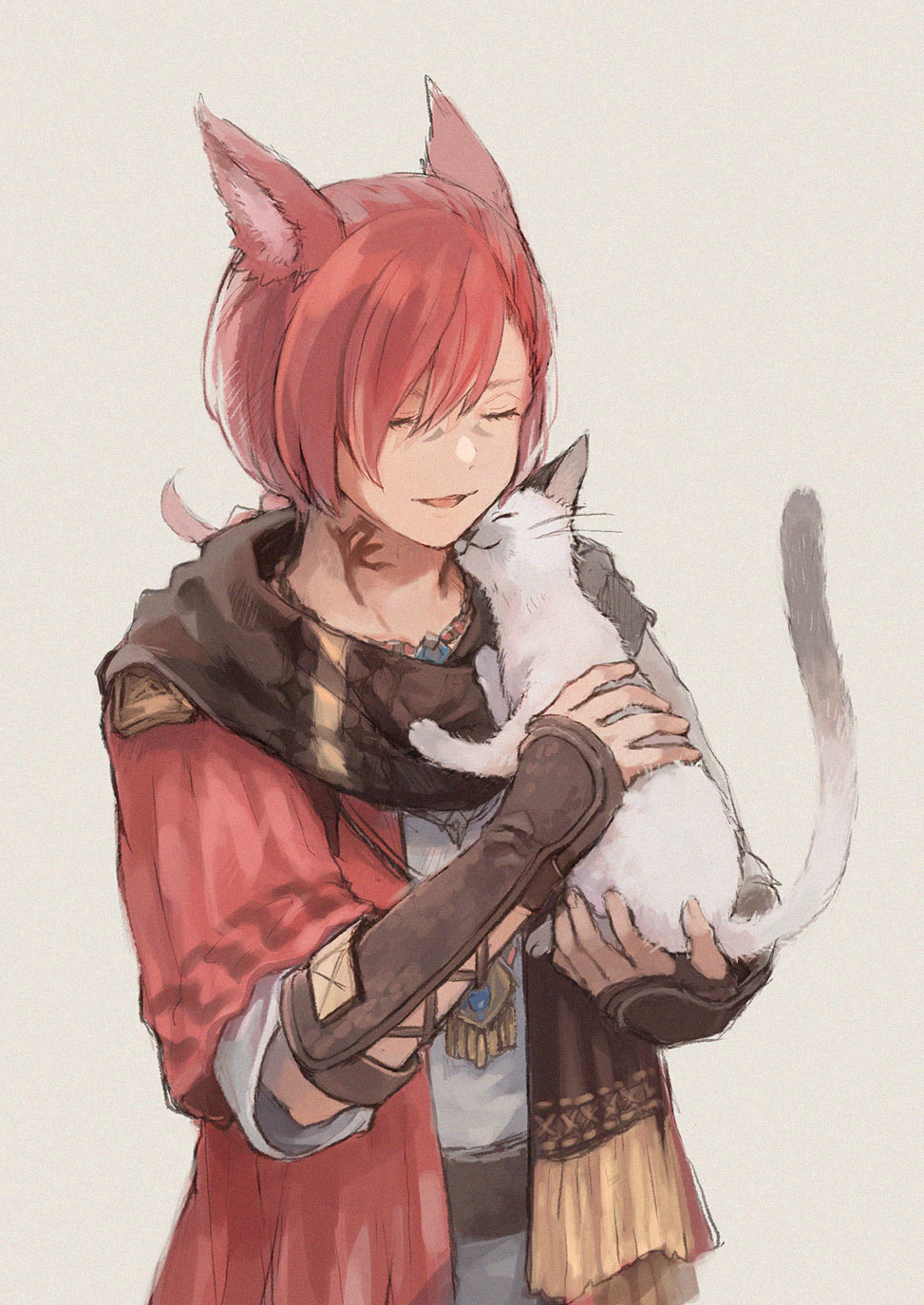 1boy animal animal_ears bangs black_scarf braid braided_ponytail cat cat_ears closed_eyes facial_mark final_fantasy final_fantasy_xiv from_side g'raha_tia grey_background highres holding holding_animal holding_cat jewelry low_ponytail male_focus miqo'te neck_tattoo omori_hakumai open_mouth pendant redhead scarf short_ponytail simple_background smile solo swept_bangs tattoo upper_body vambraces