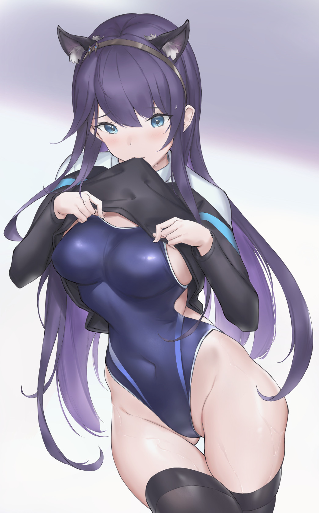 1girl animal_ears black_hair black_legwear black_shirt blue_eyes cat_ears commentary_request commission competition_school_swimsuit covered_navel cowboy_shot highres lifted_by_self long_hair long_sleeves looking_at_viewer mouth_hold original parfaitlate shirt solo standing swimsuit thigh-highs