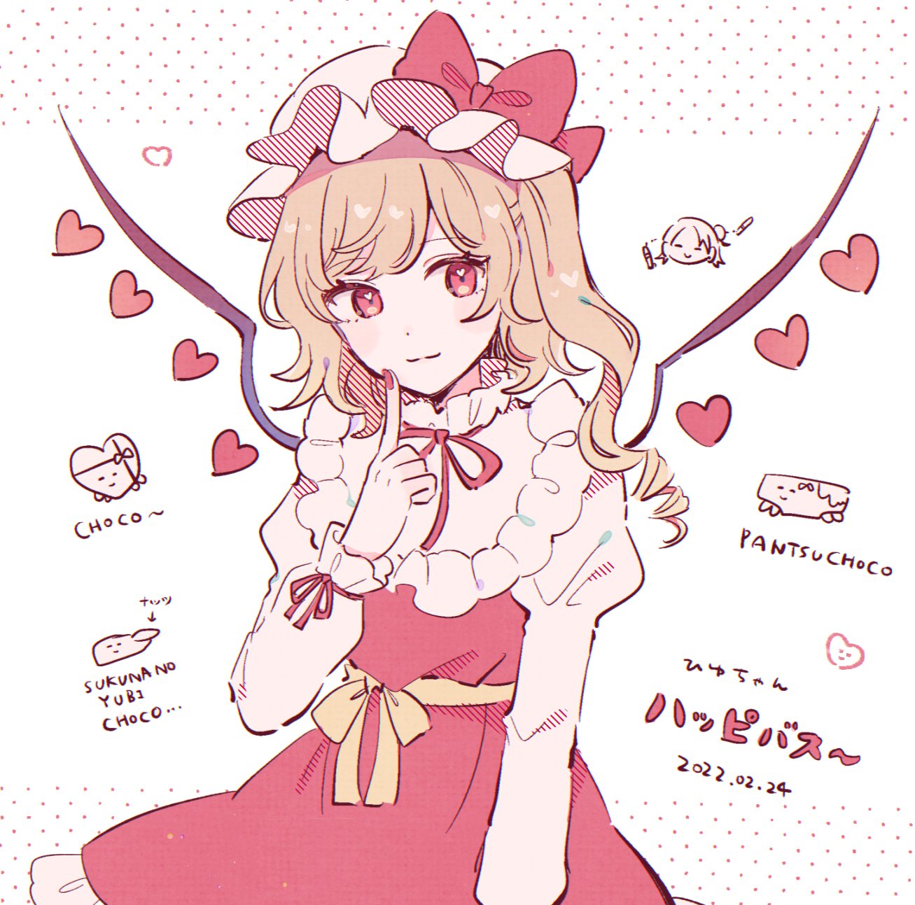 2022 arrow_(symbol) bangs belt blonde_hair bow bowtie closed_mouth commentary_request dress english_text eyebrows_visible_through_hair fingernails flandre_scarlet frills hand_up hat hat_bow heart heart_in_eye highres juliet_sleeves long_sleeves looking_to_the_side mob_cap mozukuzu_(manukedori) one_side_up pink_eyes pink_heart puffy_long_sleeves puffy_sleeves red_bow red_bowtie red_dress red_eyes red_heart red_nails shirt short_hair simple_background smile symbol_in_eye touhou white_background white_headwear white_shirt wings yellow_belt yellow_bow
