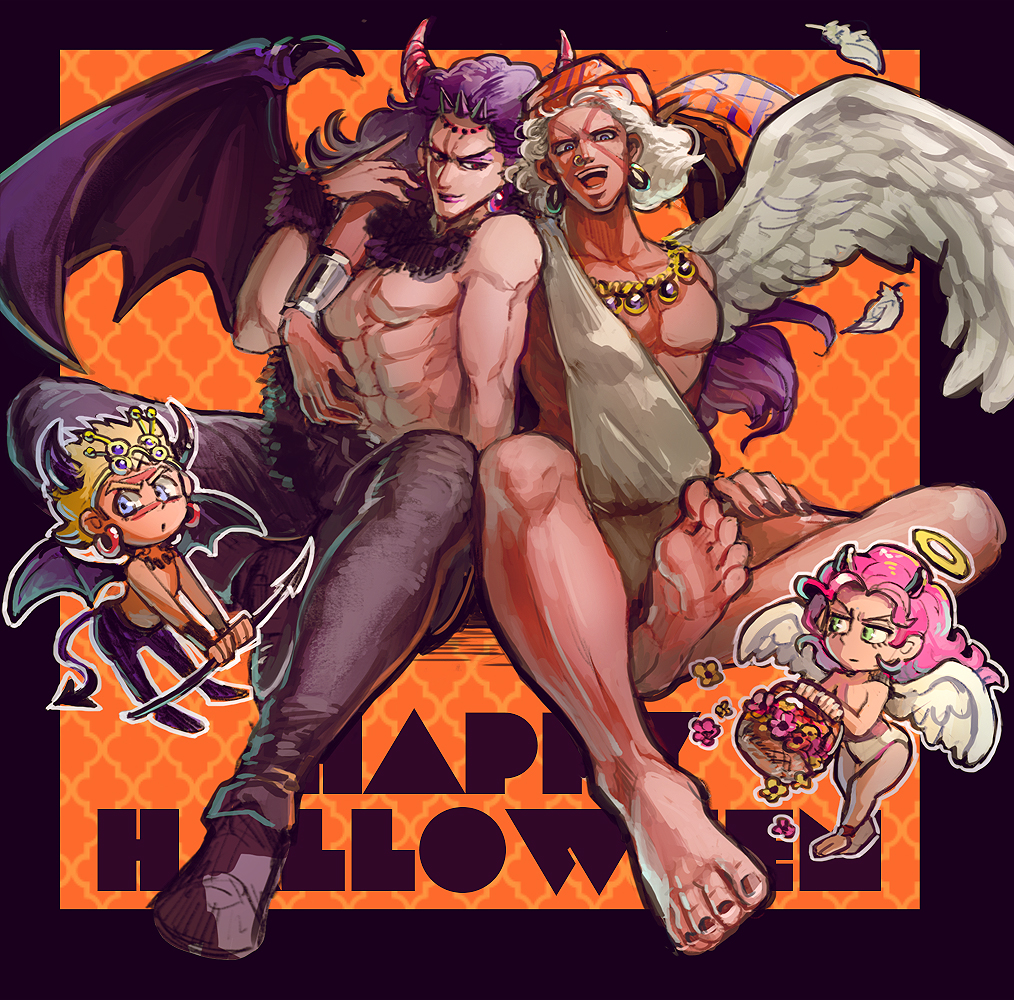 4boys angel angel_wings barefoot basket battle_tendency chibi chocoblood demon_horns demon_tail demon_wings esidisi halloween halo hat horns jojo_no_kimyou_na_bouken kars_(jojo) multiple_boys polearm purple_hair santana_(jojo) single_wing soles symmetry tail toga trident turban wamuu weapon white_hair wings