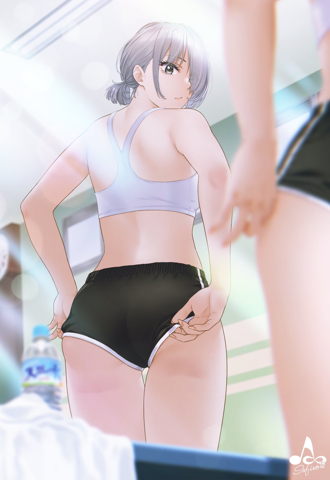 1girl adjusting_clothes adjusting_panties ass bare_shoulders black_panties blurry blurry_background bottle bra closed_mouth eyebrows_visible_through_hair from_behind grey_eyes grey_hair hair_over_one_eye highres indoors infinote looking_at_viewer mirror_image nail_polish original panties pink_nails ponytail short_hair solo sports_bra sports_panties symbol-only_commentary underwear watermark white_bra window