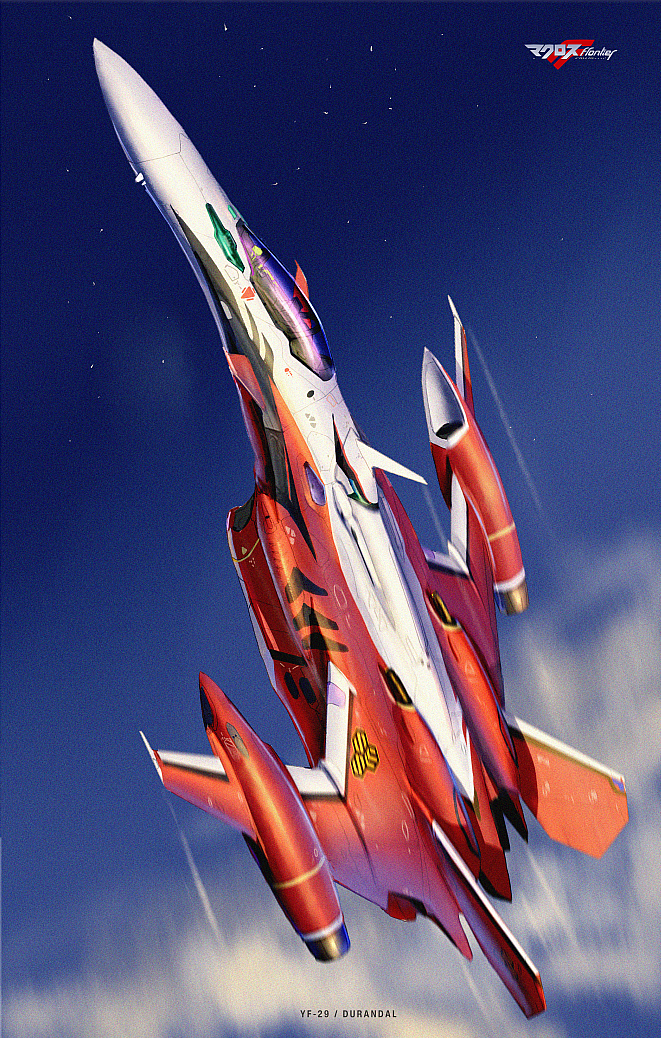 aircraft airplane asterozoa canopy_(aircraft) character_name clouds copyright_name fighter_jet flying jet logo macross macross_frontier macross_frontier:_sayonara_no_tsubasa mecha military military_vehicle motion_blur no_humans science_fiction sky solo variable_fighter vehicle_focus yf-29