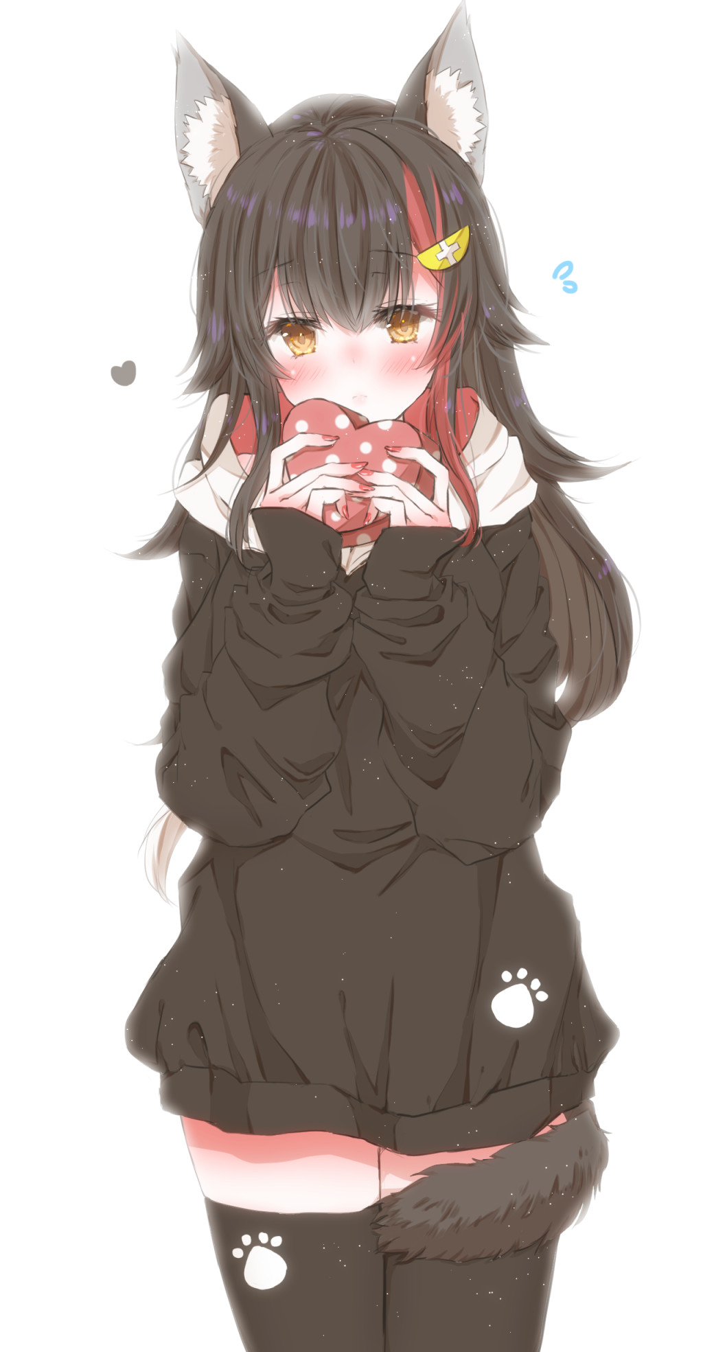 1boy animal_ears black_hair highres hiro_(hirohiro31) holding hololive hololive_gamers hood hoodie long_hair multicolored_hair ookami_mio pawpads tail tail_wrap thigh-highs two-tone_hoodie very_long_hair virtual_youtuber wolf_ears wolf_girl wolf_tail