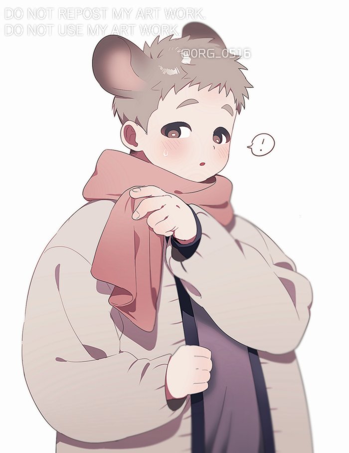! 1boy adjusting_scarf animal_ears blush brown_eyes commentary korean_commentary layered_clothing looking_down male_focus mongz necktie plump scarf sweat thick_eyebrows watermark white_background