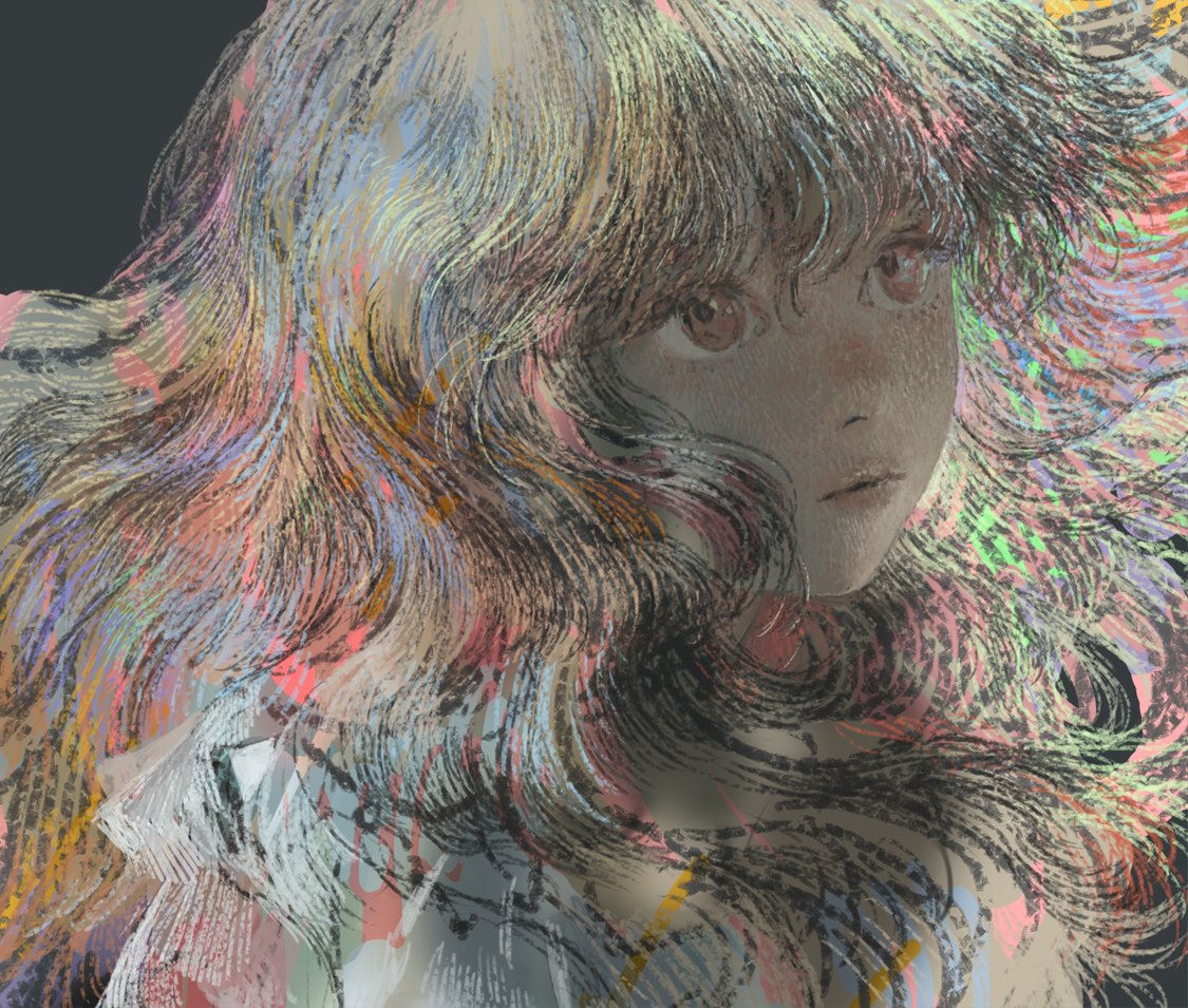 1girl bangs big_hair black_background black_hair brown_eyes close-up closed_mouth colorful dark face floating_hair from_side hair_between_eyes lips long_hair looking_away matayoshi no_lineart original portrait solo unfinished wavy_hair