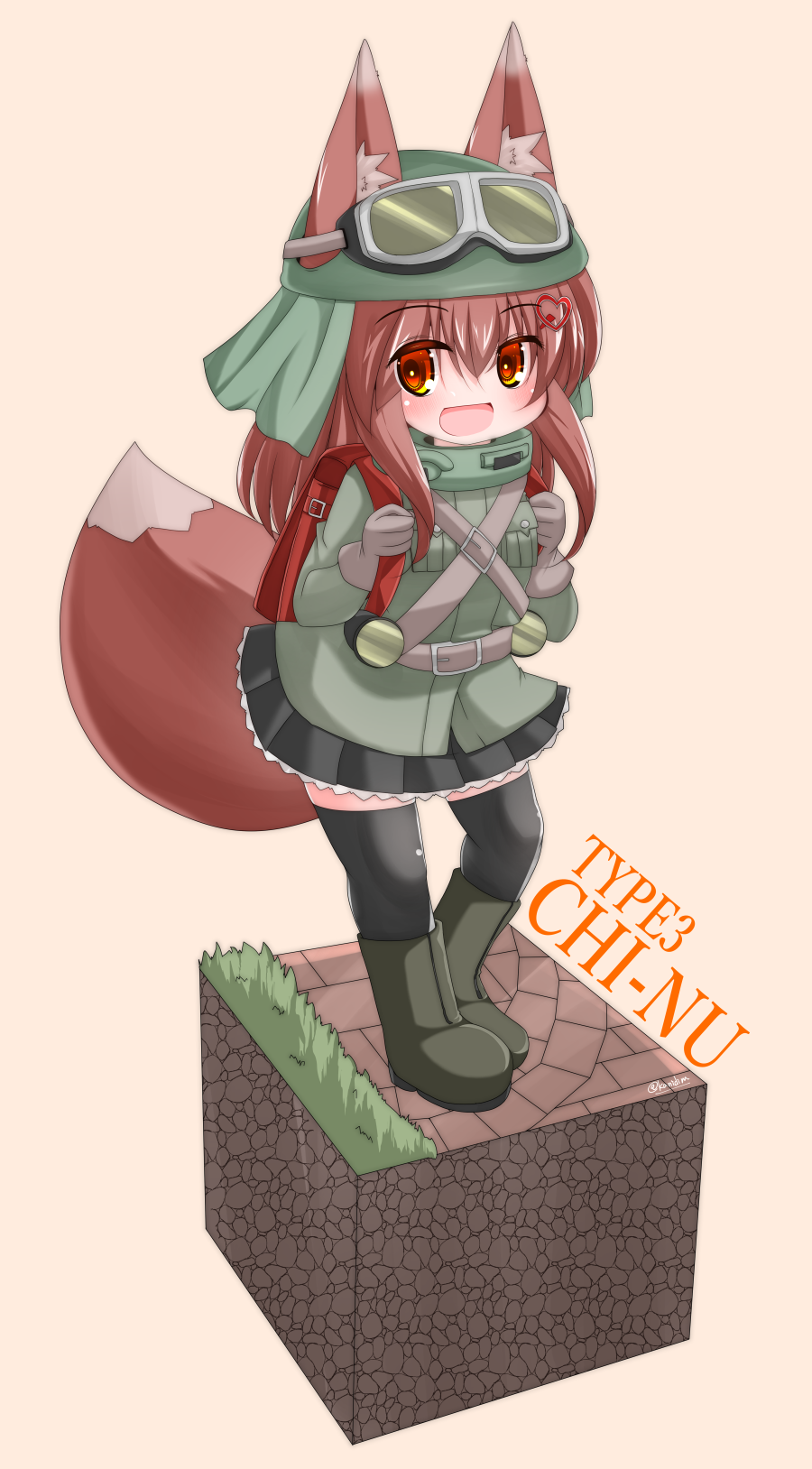 1girl :d animal_ear_fluff animal_ears backpack bag black_legwear black_skirt boots brown_background brown_eyes brown_hair commentary_request ears_through_headwear fox_ears fox_girl fox_tail goggles goggles_on_headwear green_footwear green_headwear green_jacket hair_ornament heart heart_hair_ornament highres jacket kanijiru long_hair looking_at_viewer original personification pleated_skirt randoseru simple_background skirt smile solo tail thigh-highs thighhighs_under_boots