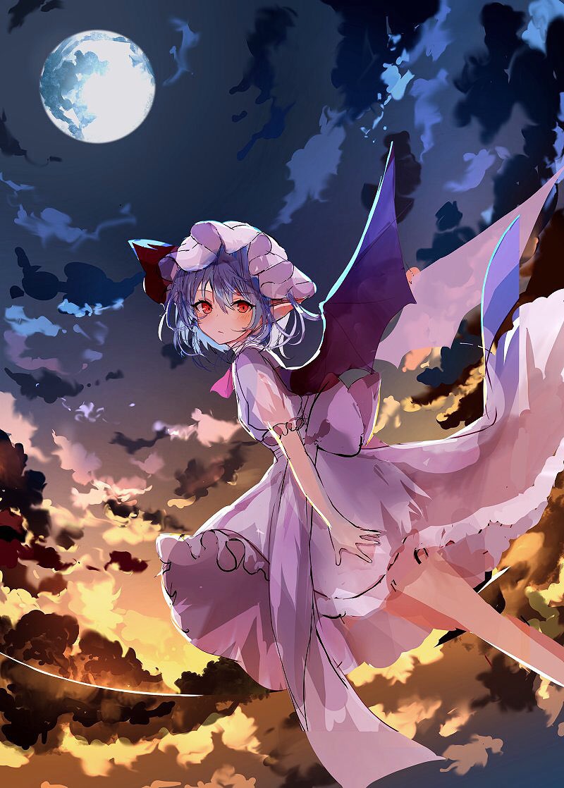1girl ascot bangs bat_wings blue_bow bow closed_mouth clouds dress full_moon gradient_sky hair_bow hair_ribbon hat looking_at_viewer mob_cap moon night outdoors petticoat pink_dress pink_headwear pointy_ears red_ascot red_eyes red_ribbon remilia_scarlet ribbon sakizaki_saki-p short_sleeves sky solo touhou wings