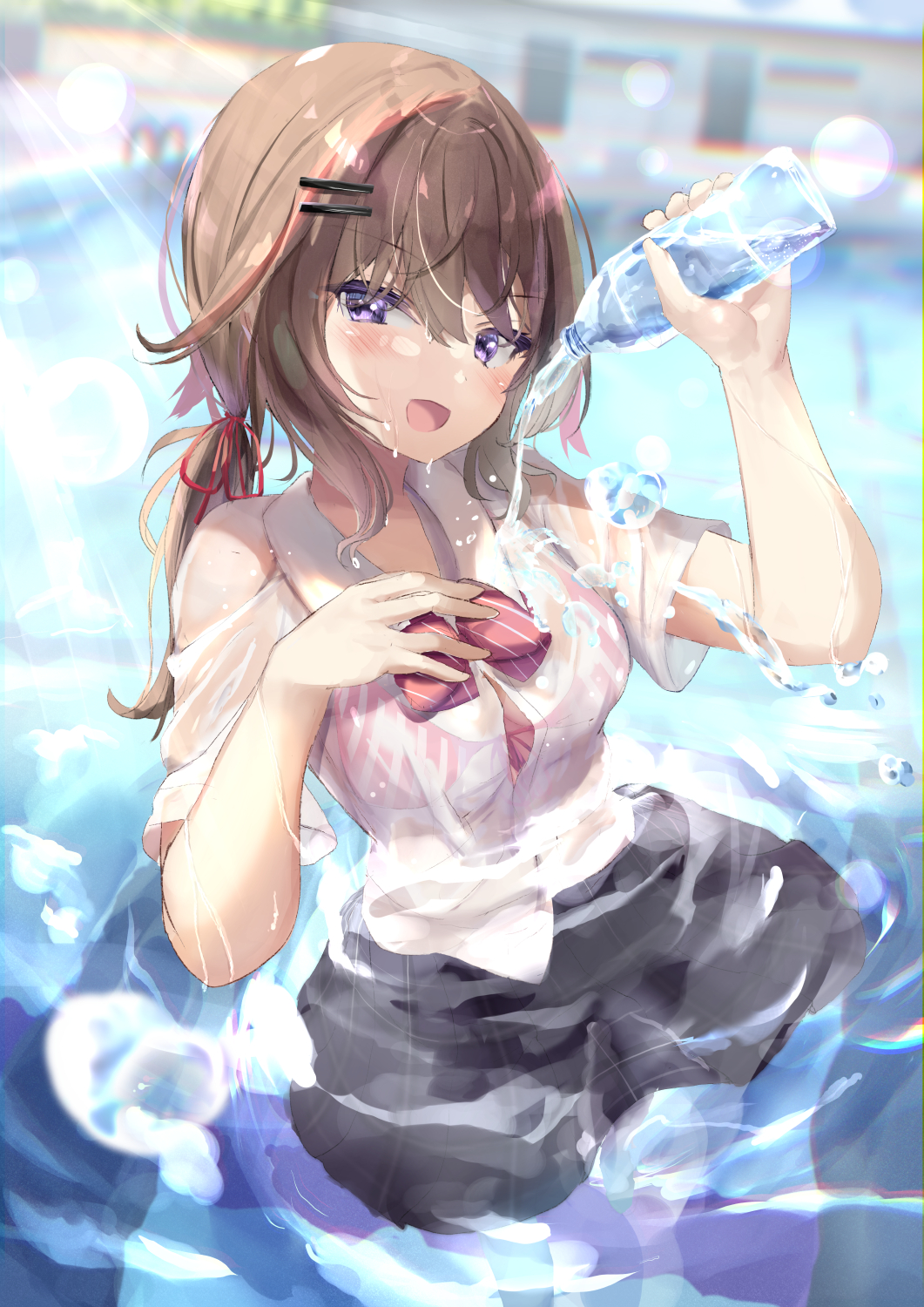 1girl :d bangs black_skirt blurry blurry_background bottle bra brown_hair collared_shirt commentary_request day depth_of_field dress_shirt eyebrows_visible_through_hair hair_between_eyes hair_ornament hairclip hand_up highres holding holding_bottle long_hair low_twintails moe2022 natuna_natu original outdoors pouring_onto_self school_uniform see-through shirt skirt smile solo striped striped_bra twintails underwear vertical-striped_bra vertical_stripes violet_eyes water water_bottle wet wet_clothes wet_shirt