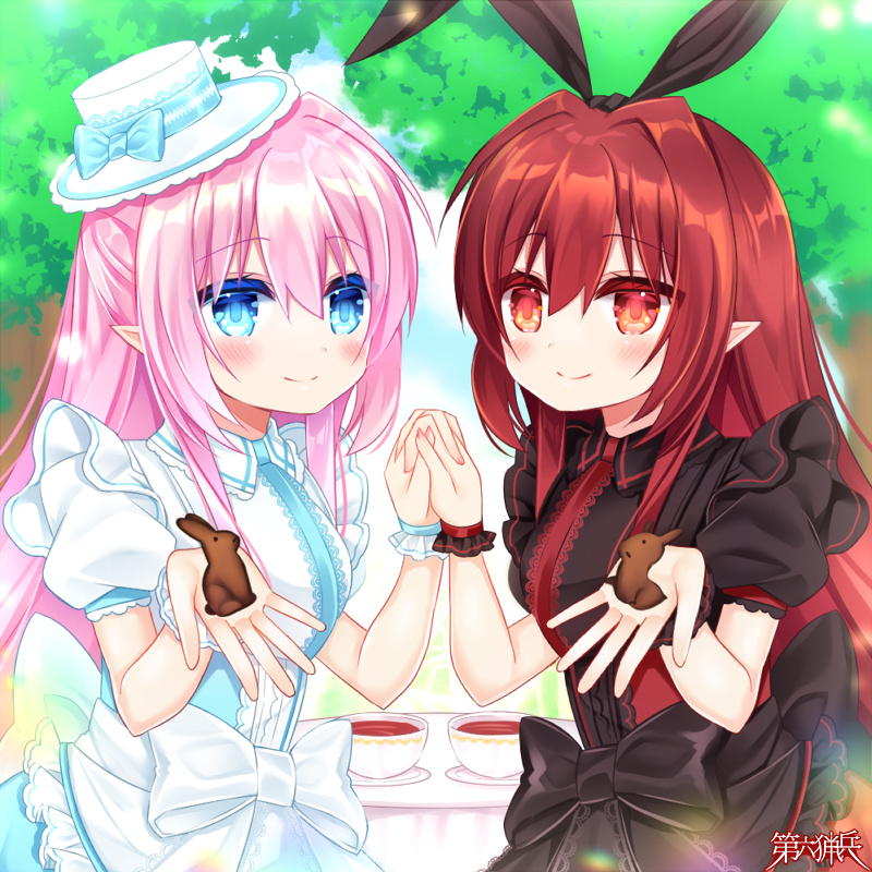 2girls animal_ears bangs black_skirt blue_bow blue_eyes blue_skirt blush bow character_request closed_mouth copyright_name dairoku_ryouhei eyebrows_visible_through_hair fake_animal_ears food hair_between_eyes hands_up hat hat_bow holding holding_food holding_hands interlocked_fingers multiple_girls pink_hair pointy_ears puffy_short_sleeves puffy_sleeves rabbit_ears red_eyes red_skirt redhead shikito shirt short_sleeves skirt smile tilted_headwear white_headwear white_shirt wrist_cuffs