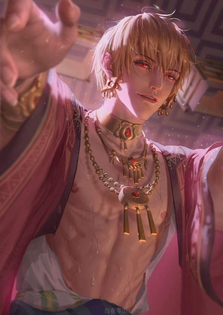 1boy abs arabian_clothes baiyelingbyl blonde_hair bracelet chinese_commentary collarbone earrings fate/extella fate/extra fate_(series) gilgamesh_(fate) jewelry light_particles long_sleeves looking_at_viewer male_focus necklace nipples official_alternate_costume open_clothes red_eyes short_hair smile sweat toned toned_male upper_body wide_sleeves
