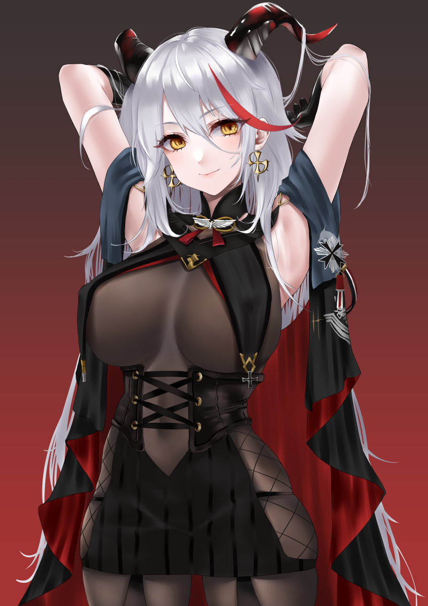 1girl aegir_(azur_lane) armpits arms_behind_head azur_lane bangs black_cloak black_dress black_gloves bodystocking breasts cloak closed_mouth demon_horns dress earrings eyebrows_visible_through_hair feet_out_of_frame gloves highres horns jewelry large_breasts lips long_hair looking_at_viewer lyche_(lychexo) multicolored_hair presenting_armpit silver_hair simple_background smile solo standing yellow_eyes