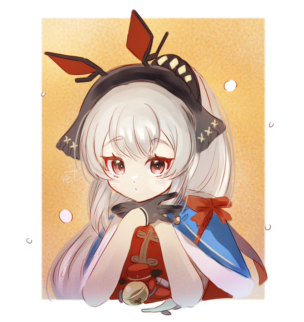 1girl arknights artist_name black_gloves blue_cape border bow cape eyebrows_visible_through_hair fur-trimmed_cape fur_trim gloves grey_hair hands_up head_rest headgear long_hair looking_at_viewer official_alternate_costume own_hands_together red_bow red_eyes red_shirt ret_(tiiuu) shirt simple_background solo upper_body weedy_(arknights) weedy_(candy_cape)_(arknights) white_border yellow_background