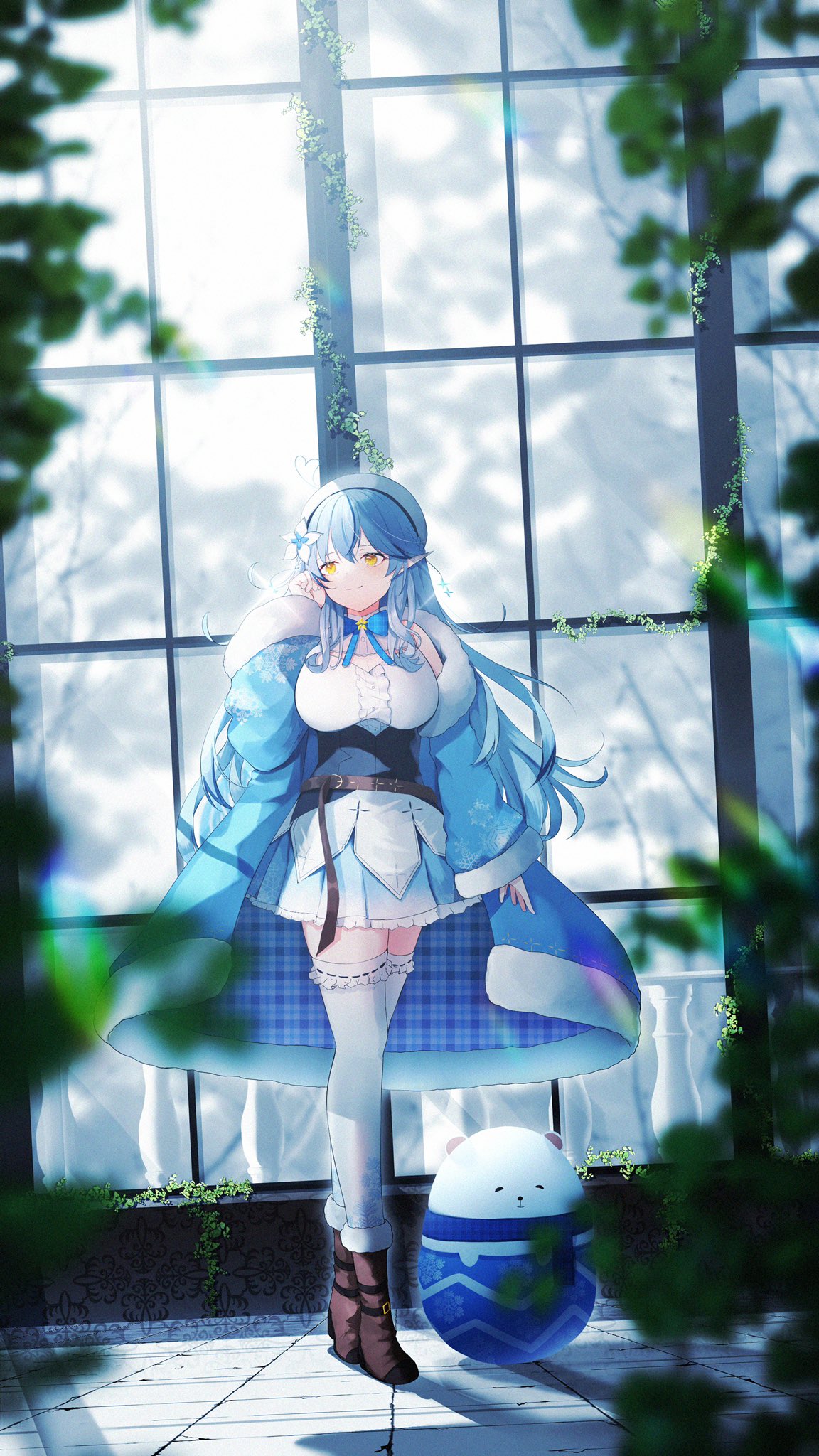 1girl ahoge bare_shoulders belt beret black_corset blue_bow blue_bowtie blue_coat blue_hair blue_skirt boots bow bowtie braid breasts brown_belt brown_footwear center_frills cleavage_cutout closed_mouth clothing_cutout coat colored_tips corset daifuku_(yukihana_lamy) elf flower frilled_legwear frilled_shirt frilled_skirt frills fur-trimmed_boots fur-trimmed_coat fur_trim hair_flower hair_ornament half_updo hat heart_ahoge highres hololive large_breasts leather_belt long_hair miniskirt multicolored_hair off_shoulder pleated_skirt pointy_ears sanasedayo serious shirt skirt sleeveless sleeveless_shirt smile snowflake_hair_ornament snowflake_print streaked_hair thigh-highs underbust virtual_youtuber white_headwear white_legwear white_shirt yellow_eyes yukihana_lamy