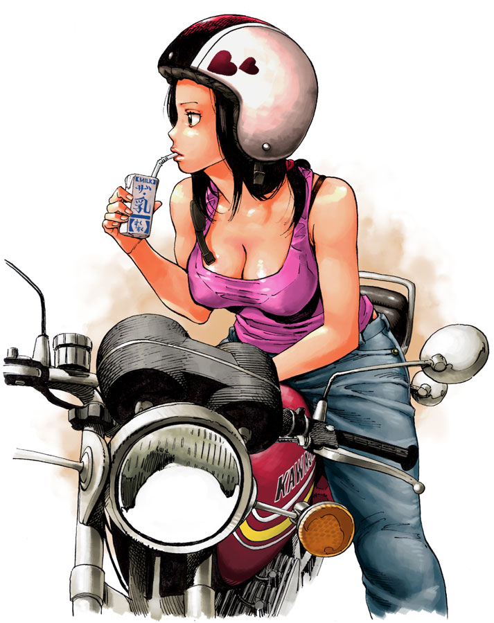 1girl breasts bunkosu denim drinking_straw ground_vehicle jeans kawasaki looking_to_the_side motor_vehicle motorcycle original pants solo