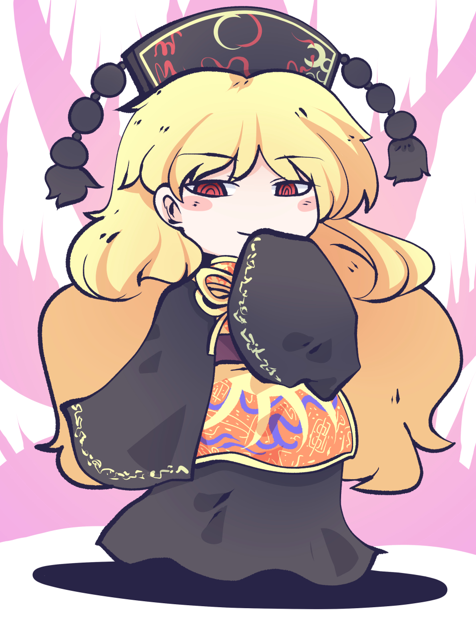 1girl animal_print bangs belt bird_print blonde_hair blush bow bowtie chibi chinese_clothes closed_mouth commentary_request crescent dress energy eyebrows_visible_through_hair fried_rice0614 full_body grey_dress grey_headwear hand_up hat highres junko_(touhou) long_hair long_sleeves looking_at_another one-hour_drawing_challenge orange_vest phoenix_crown phoenix_print pom_pom_(clothes) purple_belt red_eyes shadow simple_background smile solo standing tabard touhou vest white_background wide_sleeves yellow_bow yellow_bowtie