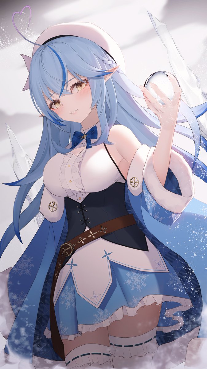 1girl ahoge bangs bare_shoulders blue_bow blue_bowtie blue_coat blue_hair blue_skirt bow bowtie breasts coat corset eyebrows_visible_through_hair frilled_legwear frilled_skirt frills fur-trimmed_coat fur_trim hair_between_eyes hat heart_ahoge highres holding_orb hololive looking_at_viewer medium_breasts multicolored_hair parted_lips pointy_ears shirt skirt solo streaked_hair thigh-highs thomas_8000 virtual_youtuber white_headwear white_shirt yellow_eyes yukihana_lamy