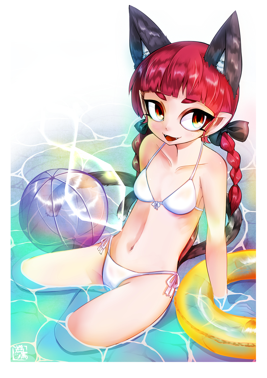 1girl :d alternate_costume animal_ear_fluff animal_ears arm_support ball bangs bare_shoulders beachball bikini black_bow blunt_bangs border bow braid breasts cat_ears cat_tail caustics collarbone extra_ears eyebrows_behind_hair fangs from_above hair_bow hair_ribbon highres kaenbyou_rin lens_flare long_hair looking_at_viewer multiple_tails nekomata open_mouth overexposure partially_submerged pointy_ears red_eyes redhead ribbon side-tie_bikini sitting small_breasts smile solo swimsuit tail thighs touhou tress_ribbon twin_braids twintails two_tails upturned_eyes water white_bikini white_border yokozuwari yutori_(inu-hito)